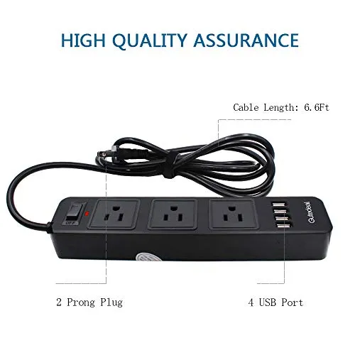 2 Prong Power Strip, 3-Outlet Surge Protector Power Strip with 4 USB Charging Ports, 6.6ft Extension Long Cord for Smartphone Home Indoor Office Desktop, Black