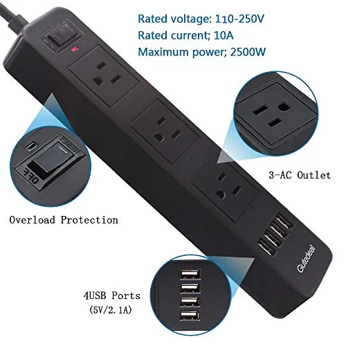 2 Prong Power Strip, 3-Outlet Surge Protector Power Strip with 4 USB Charging Ports, 6.6ft Extension Long Cord for Smartphone Home Indoor Office Desktop, Black