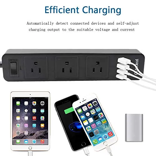 2 Prong Power Strip, 3-Outlet Surge Protector Power Strip with 4 USB Charging Ports, 6.6ft Extension Long Cord for Smartphone Home Indoor Office Desktop, Black