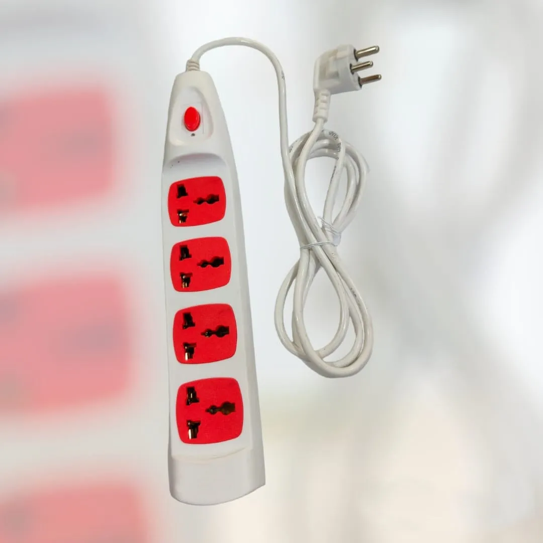 4-way Extension Board with Spike and Surge Protection, Extension Board with Insulated Wire, 4 Sockets & 1 Push Switch 3 core Long 195 cm Wire 6 A with 3 Pin Wall Plug