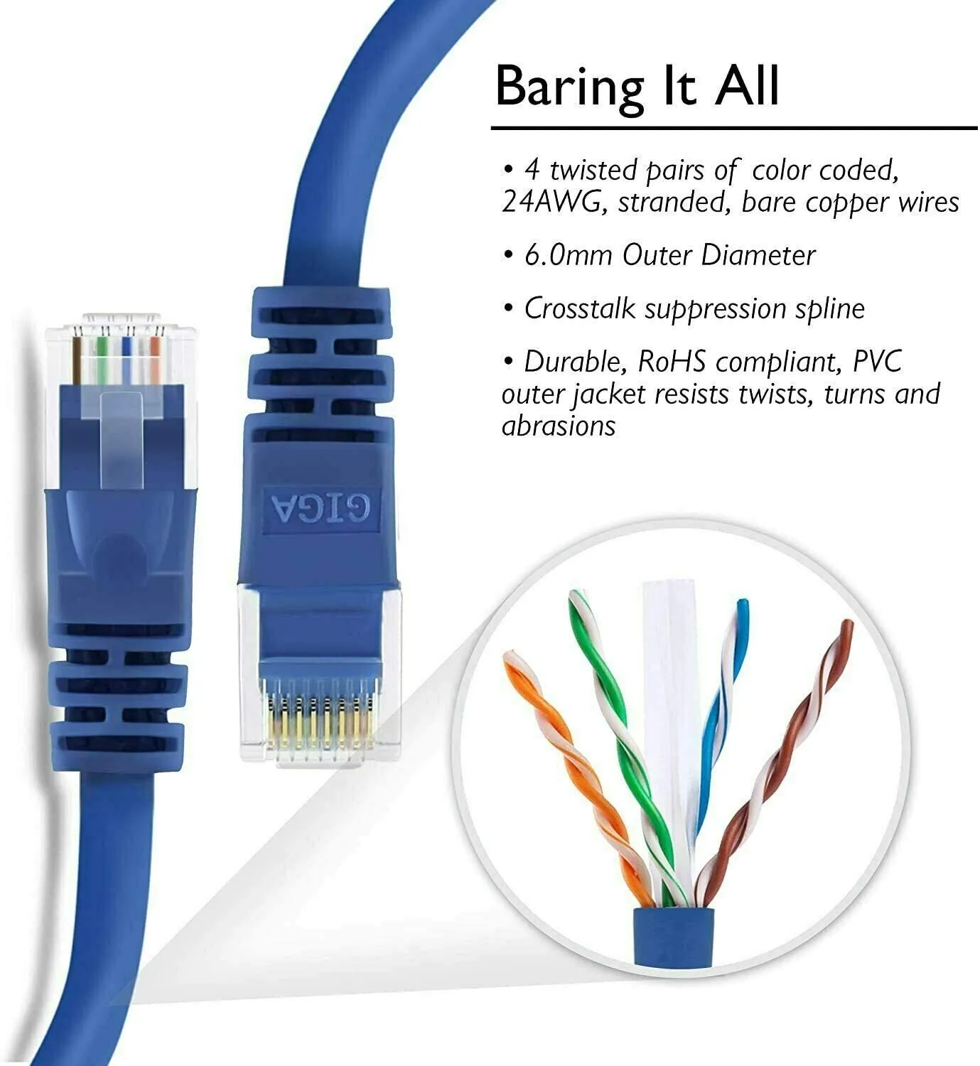 5 CORE 6 Pack Cat6 Ethernet Cable, Internet Network LAN Patch Cords,