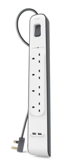 Belkin 4 Outlet Surge Protector with 2 x 2.4A Shared USB Charging, 2M Cable (BSV401sa2M)