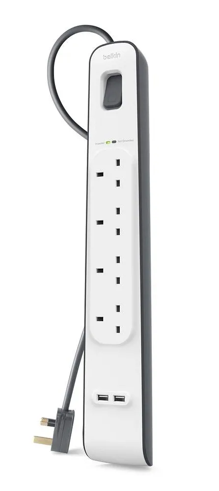Belkin 4 Outlet Surge Protector with 2 x 2.4A Shared USB Charging, 2M Cable (BSV401sa2M)