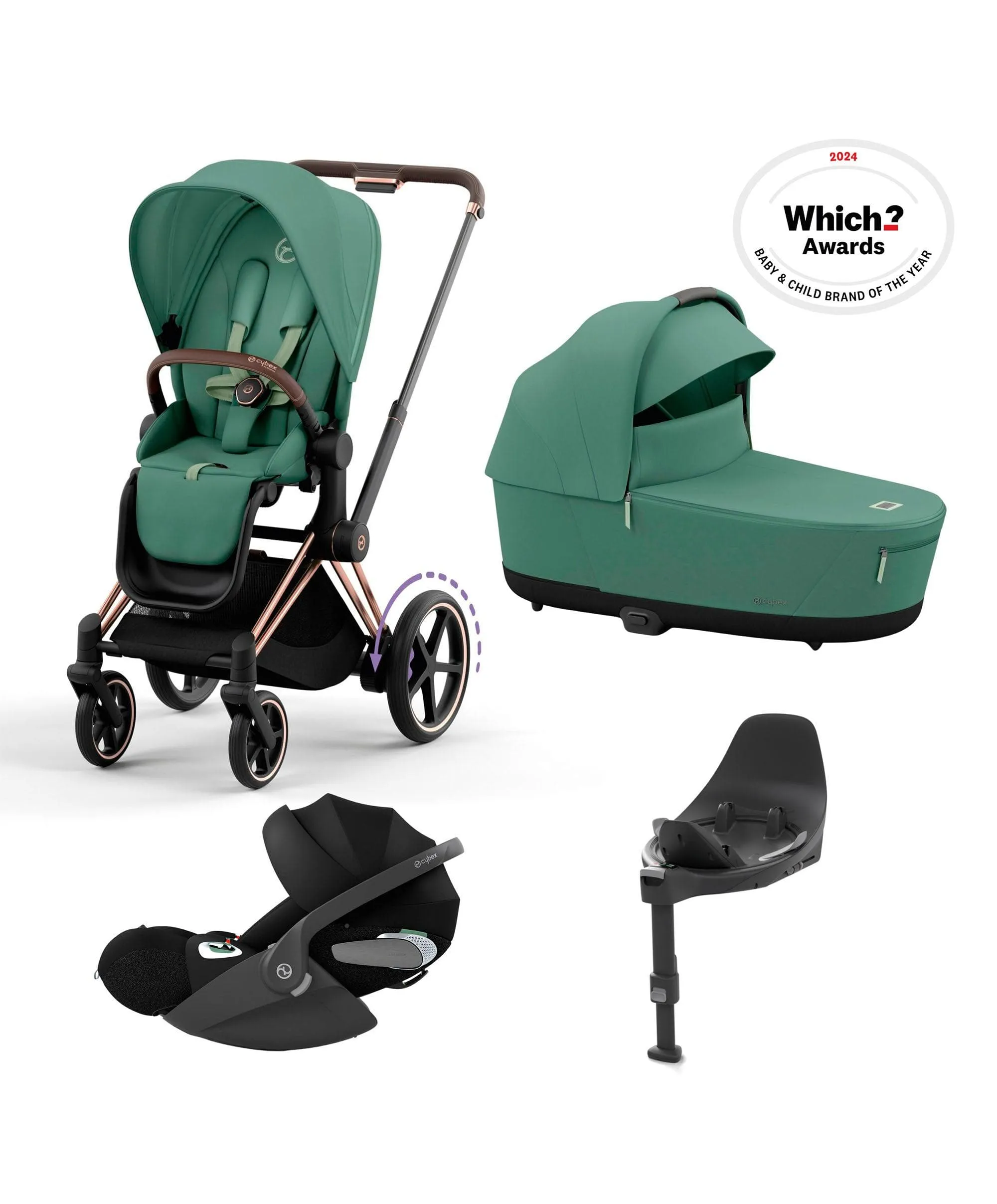 Cybex ePriam 5 Piece Pushchair Bundle with Cloud T Car Seat -  Leaf Green/Rose Gold