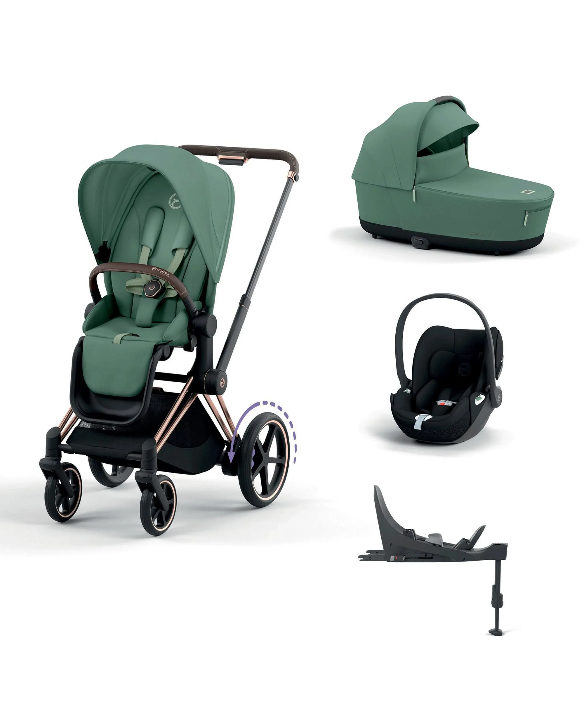 Cybex ePriam 5 Piece Pushchair Bundle with Cloud T Car Seat -  Leaf Green/Rose Gold