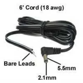 DC Power Cord, 2.1 x 5.5mm R/A Plug to Bare Leads, 6 ft/18awg