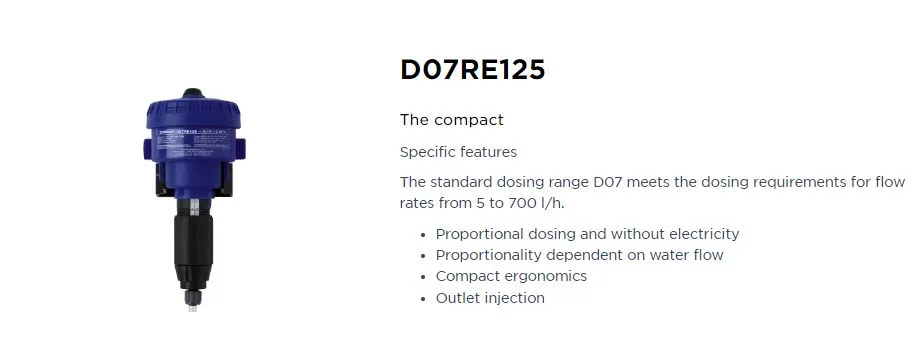 Dosatron D07RE125 0.15%-1.25% Compact Chemical Proportionate Dosing Pump (0.08-12LPM)