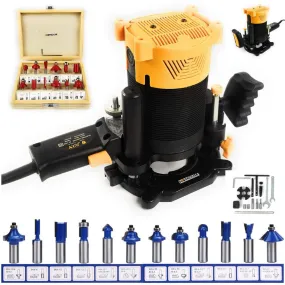 Homdum 12 mm Wood Router Machine and 12 Pieces 8 mm Tungsten Carbide Tipped Bit Set Combo, with 3 Pieces 12 mm Woodworking Bits and Accessories (Yellow)