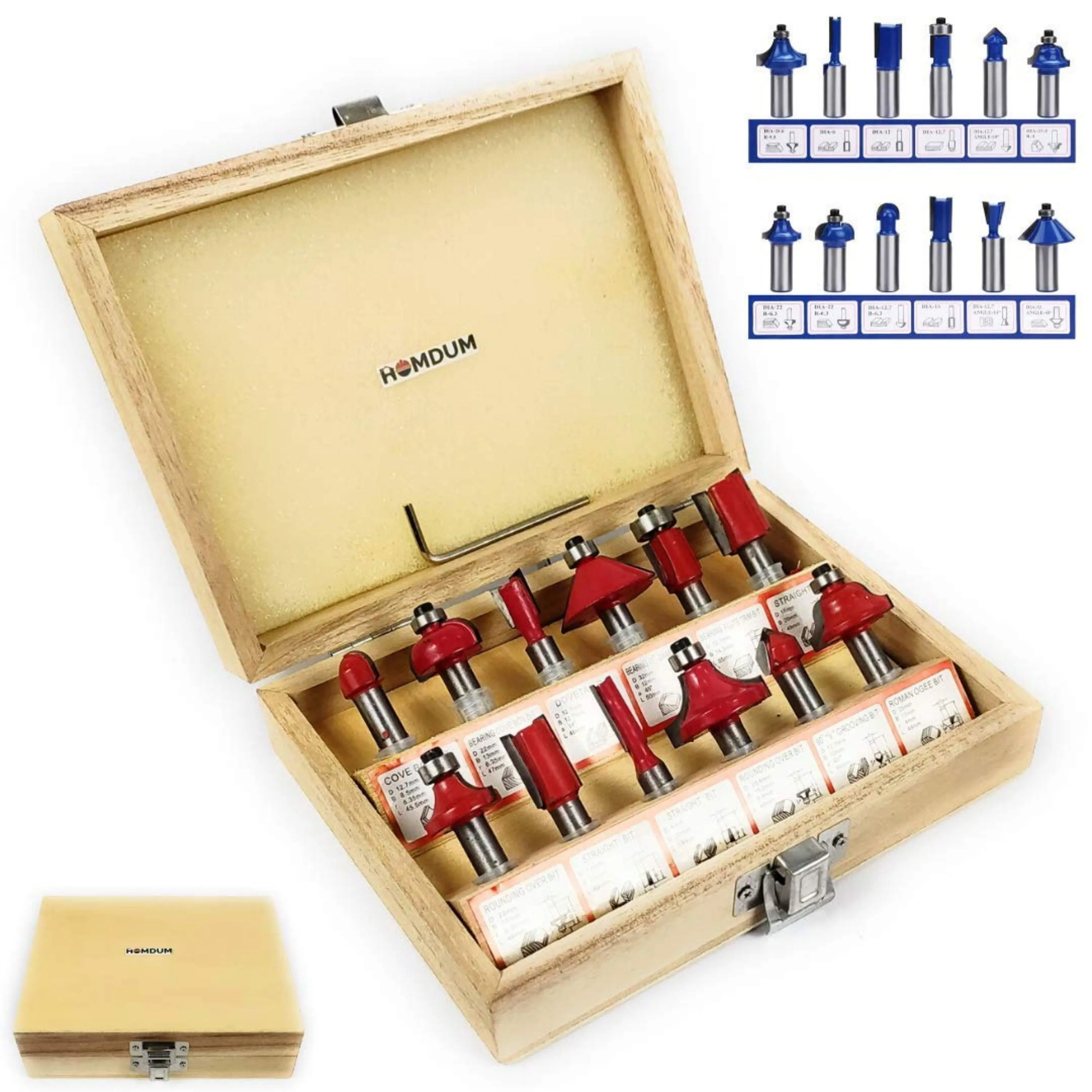 Homdum 12 mm Wood Router Machine and 12 Pieces 8 mm Tungsten Carbide Tipped Bit Set Combo, with 3 Pieces 12 mm Woodworking Bits and Accessories (Yellow)