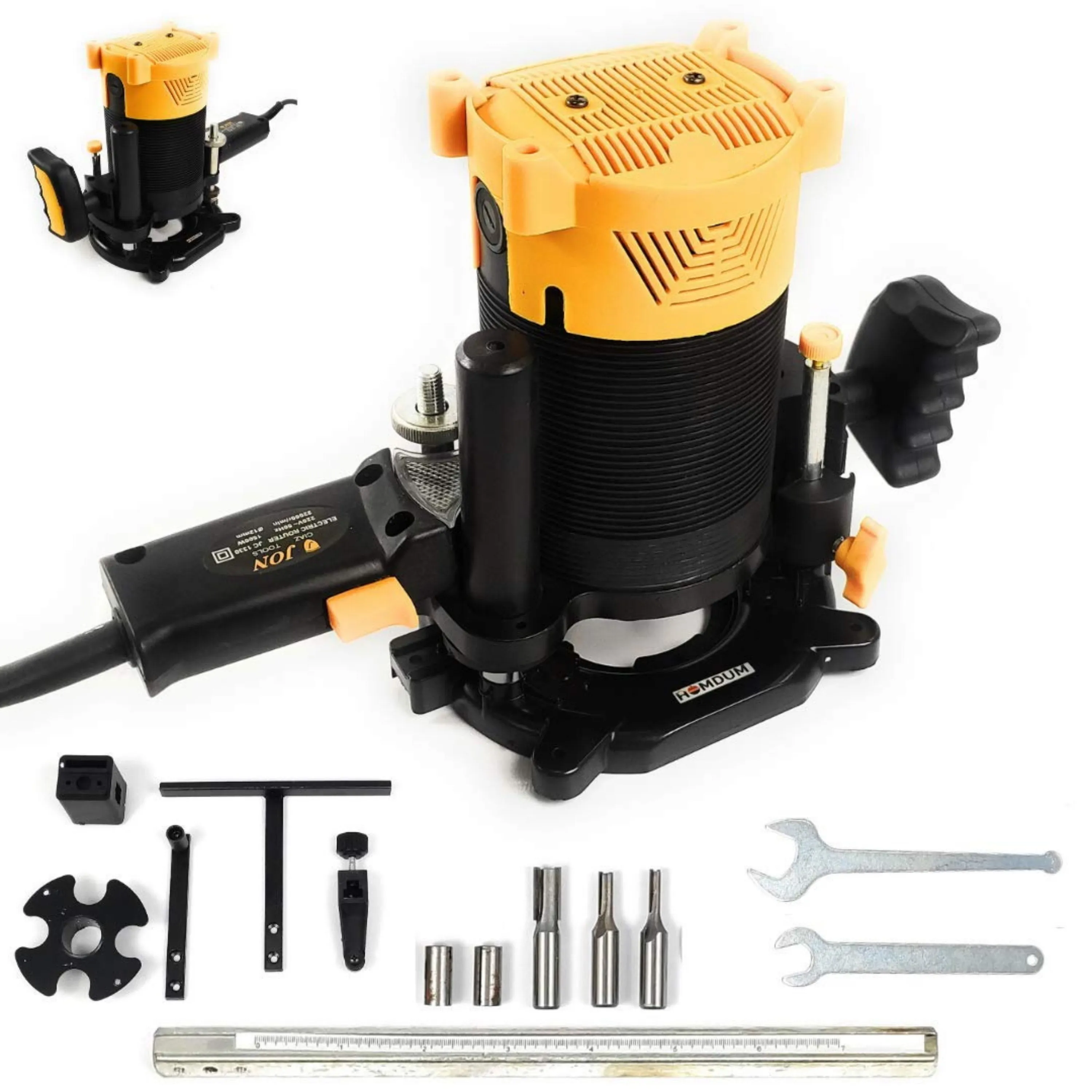 Homdum 12 mm Wood Router Machine and 12 Pieces 8 mm Tungsten Carbide Tipped Bit Set Combo, with 3 Pieces 12 mm Woodworking Bits and Accessories (Yellow)