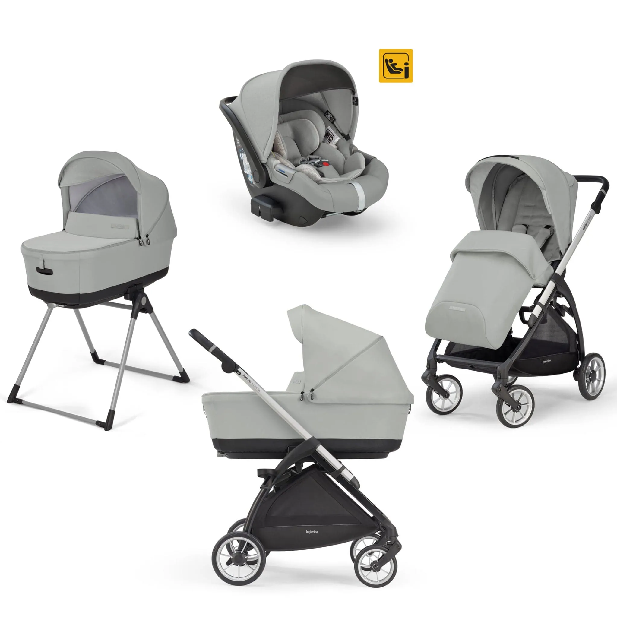 Inglesina Electa System Quattro in Greenwich Silver with Darwin car seat and i-Size 360 base