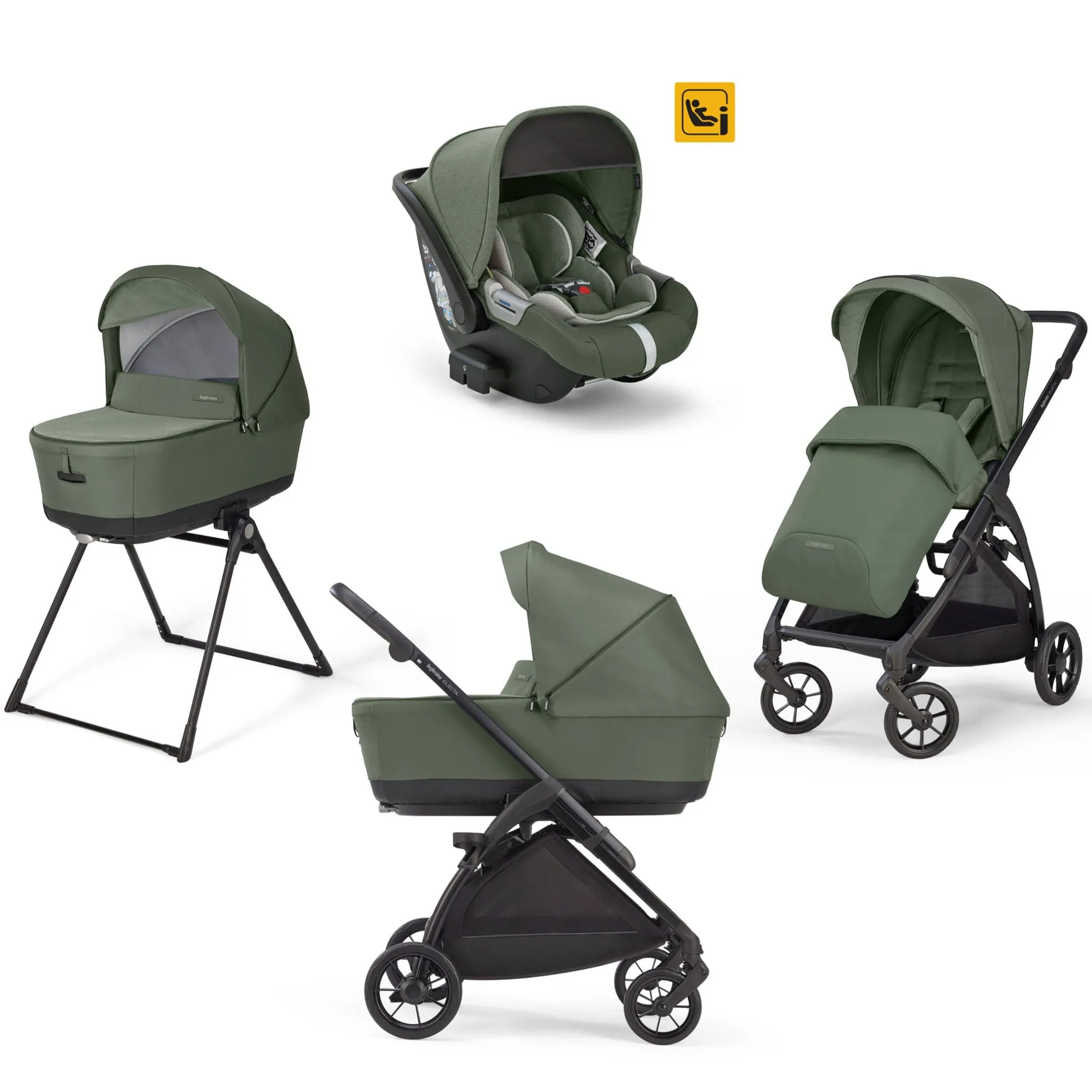 Inglesina Electa System Quattro in Tribeca Green with Darwin car seat and i-Size 360 base