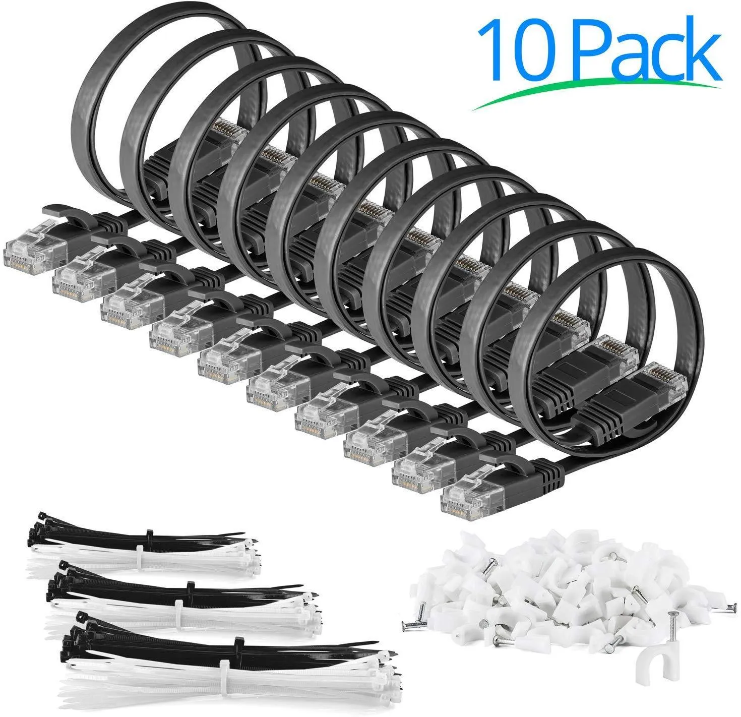 Maximm Cat6 Flat Ethernet Cable, 3 Feet, Black - 6 Pack - High Speed Internet LAN Cable with Snagless RJ45 Connectors for Fast Computer Networking   Cable Clips and Ties