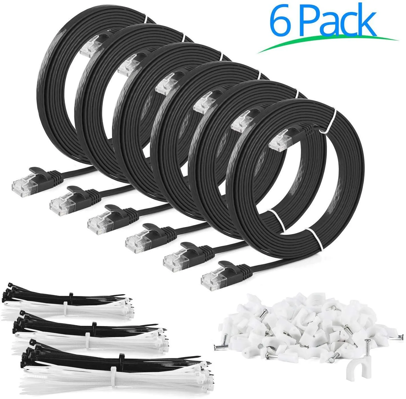 Maximm Cat6 Flat Ethernet Cable, 3 Feet, Black - 6 Pack - High Speed Internet LAN Cable with Snagless RJ45 Connectors for Fast Computer Networking   Cable Clips and Ties