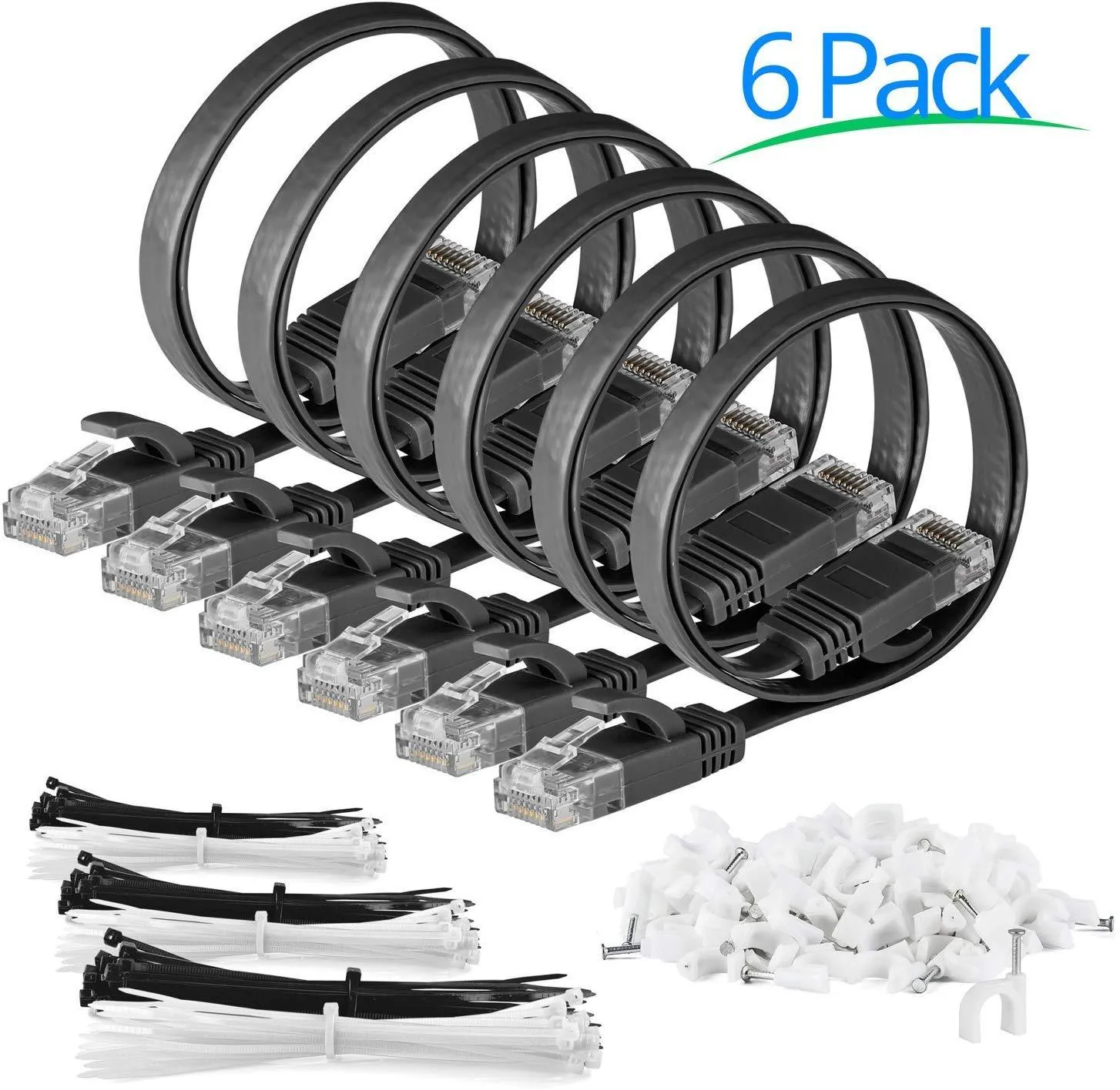 Maximm Cat6 Flat Ethernet Cable, 3 Feet, Black - 6 Pack - High Speed Internet LAN Cable with Snagless RJ45 Connectors for Fast Computer Networking   Cable Clips and Ties