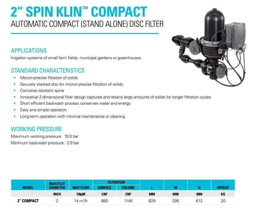 Netafim Spin Klin 50mm Compact Fully Automatic Self-Cleaning Disc Filter with Controller - 880cm² (160-250LPM)