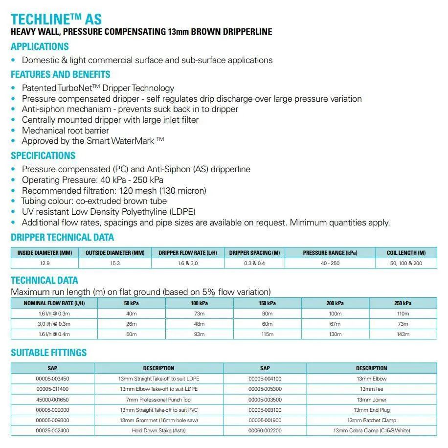Netafim Techline AS 13mm Pressure Compensating Garden Dripline