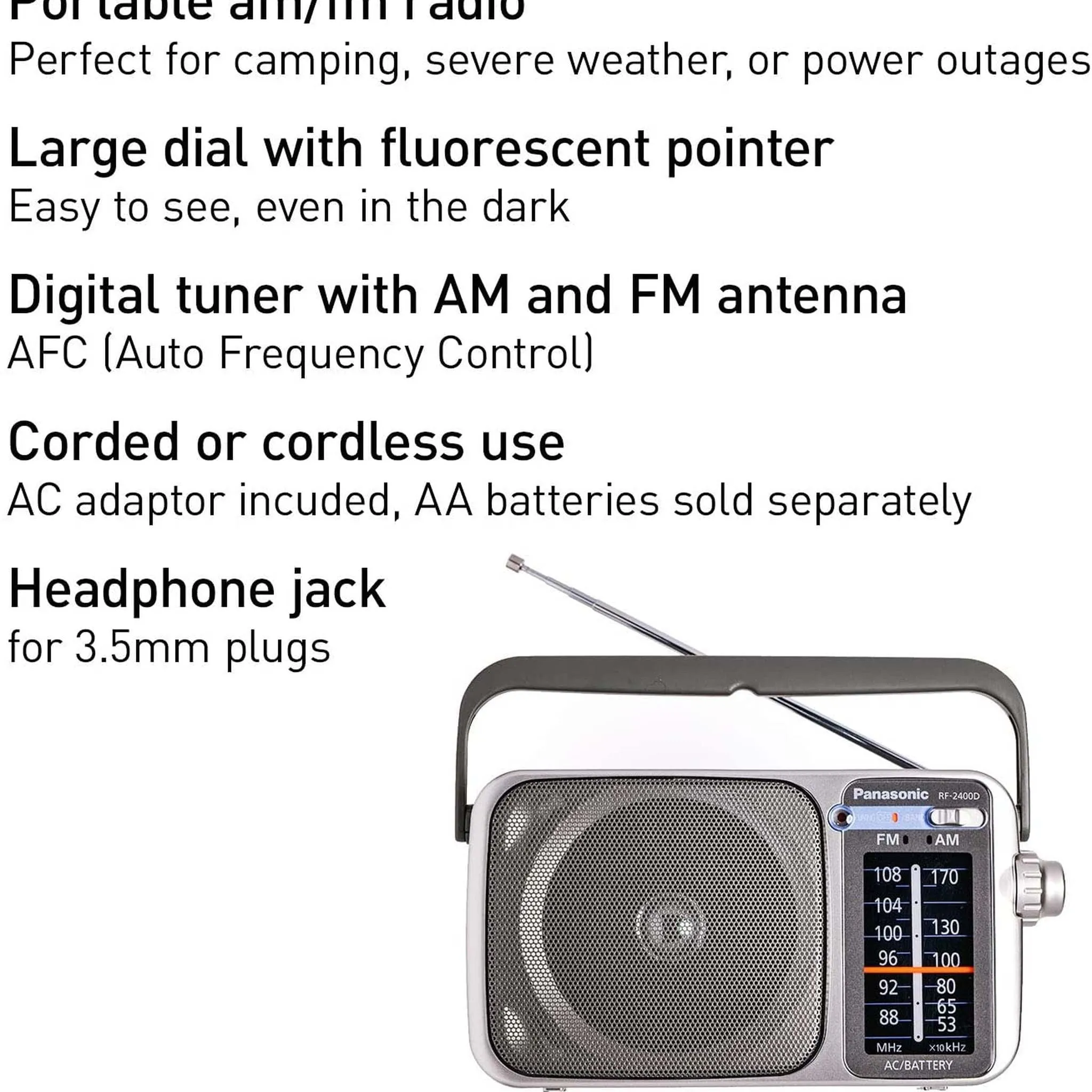 Panasonic Portable AM / FM Radio Silver   4x AA Batteries With Charger   Cloth Bundle