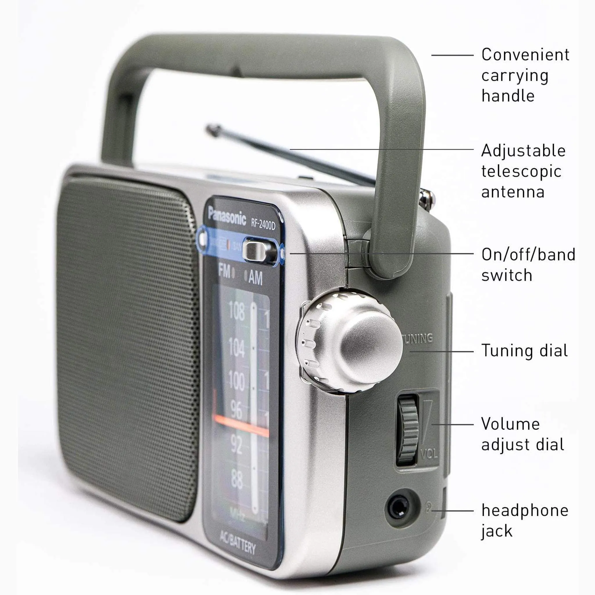 Panasonic Portable AM / FM Radio Silver   4x AA Batteries With Charger   Cloth Bundle