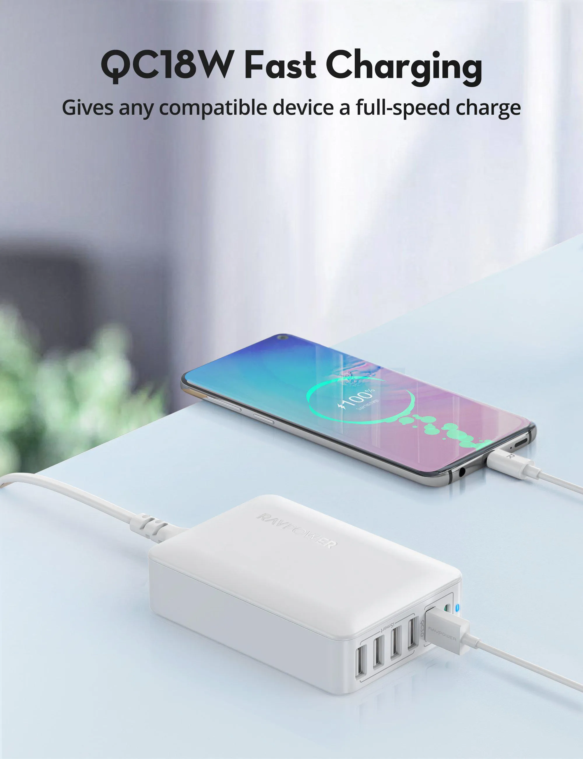 RAVPower 60W 6-Port Desktop USB Charging Station with 30W Power Delivery