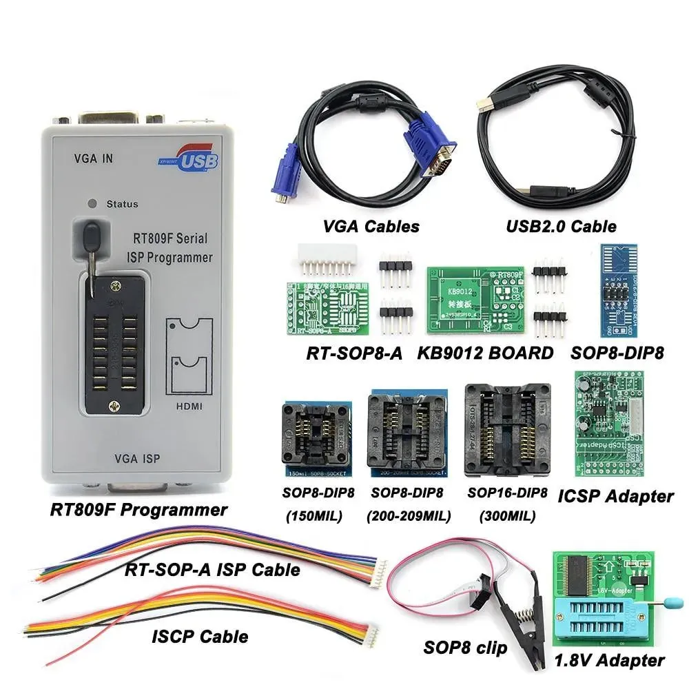 RT809F Serial ISP Programmer: with 12 adapters, 1.8v adapter, SOP8 test clip and EDID cable