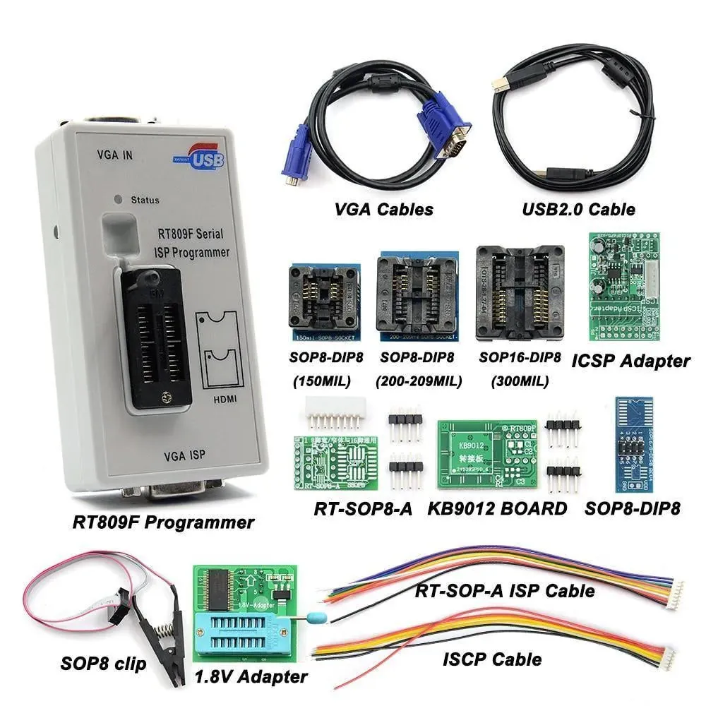 RT809F Serial ISP Programmer: with 12 adapters, 1.8v adapter, SOP8 test clip and EDID cable