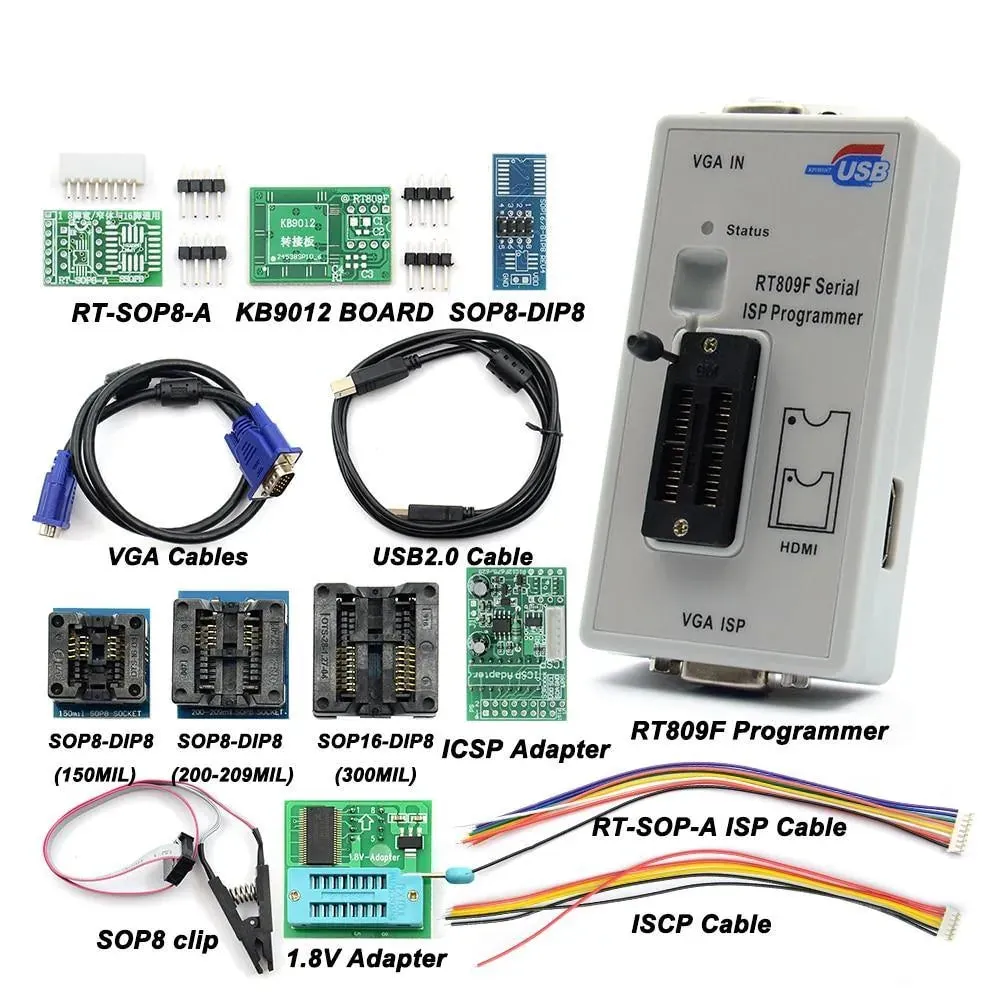 RT809F Serial ISP Programmer: with 12 adapters, 1.8v adapter, SOP8 test clip and EDID cable