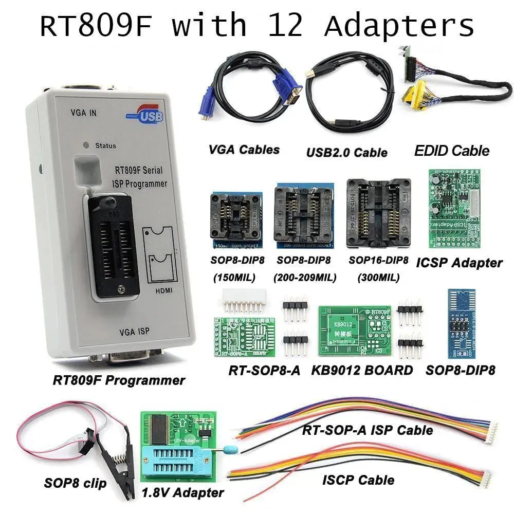 RT809F Serial ISP Programmer: with 12 adapters, 1.8v adapter, SOP8 test clip and EDID cable
