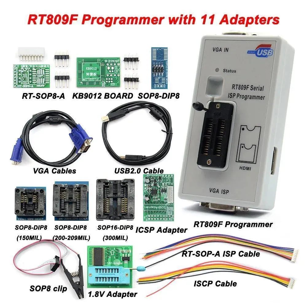 RT809F Serial ISP Programmer: with 12 adapters, 1.8v adapter, SOP8 test clip and EDID cable